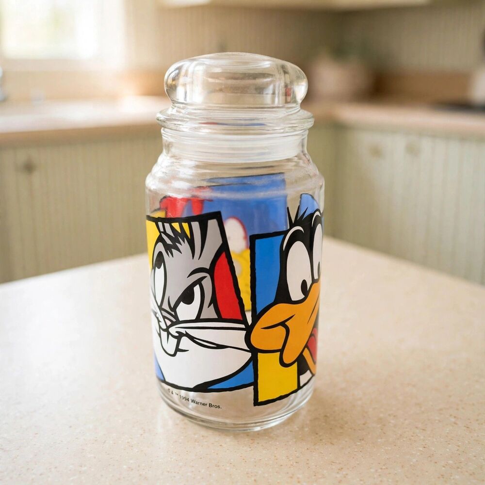 VTG 1994 Looney Tunes Glass Canister Jar Bugs Daffy Taz Pop Art Cookie Jar